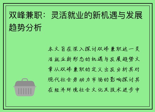 双峰兼职：灵活就业的新机遇与发展趋势分析